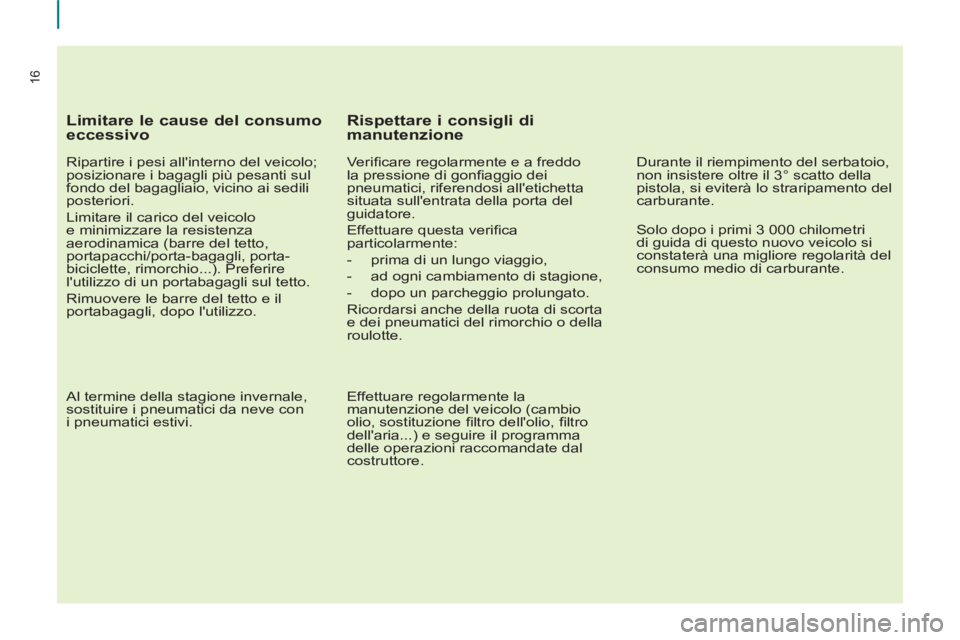 CITROEN BERLINGO ELECTRIC 2015 Libretti Di Uso E manutenzione (in Italian) 16
Limitare le cause del consumo
eccessivo
Ripartire i pesi allinterno del veicolo;
posizionare i bagagli più pesanti sul
fondo del bagagliaio, vicino ai sedili
posteriori.
Limitare CITROEN BERLINGO ELECTRIC 2015 Libretti Di Uso E manutenzione (in Italian) 16
Limitare le cause del consumo
eccessivo
Ripartire i pesi allinterno del veicolo;
posizionare i bagagli più pesanti sul
fondo del bagagliaio, vicino ai sedili
posteriori.
Limitare