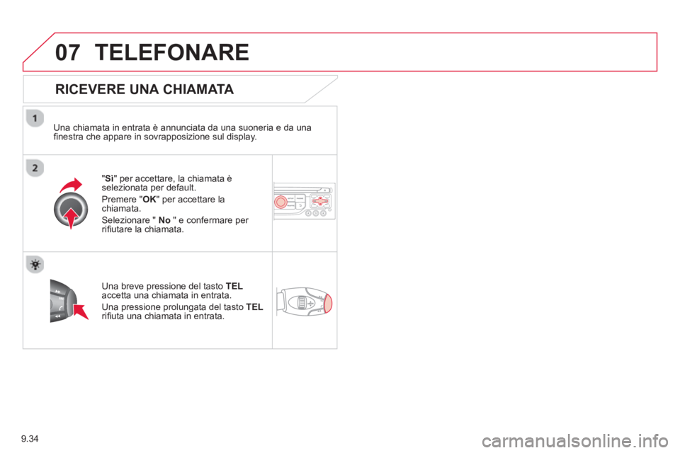 CITROEN BERLINGO ELECTRIC 2015  Libretti Di Uso E manutenzione (in Italian) 9.34
07TELEFONARE
   
RICEVERE UNA CHIAMATA 
 
 Una chiamata in entrata è annunciata da una suoneria e da una 
ﬁ nestra che appare in sovrapposizione sul display.
"Sì" 
per accettare, la chiamata 