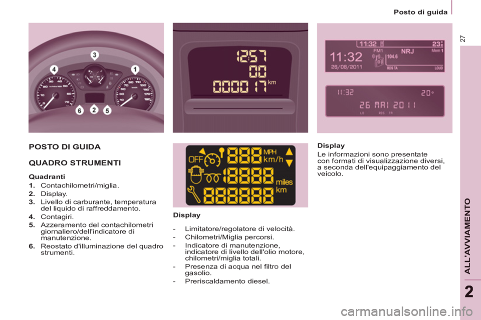CITROEN BERLINGO ELECTRIC 2015 Libretti Di Uso E manutenzione (in Italian)
Posto di guida
27
ALLAVVIAMENTO
22
POSTO DI GUIDA
QUADRO STRUMENTI
Quadranti
1.
Contachilometri/miglia.
2.
Display.
3.
Livello di carburante, temperat CITROEN BERLINGO ELECTRIC 2015 Libretti Di Uso E manutenzione (in Italian)
Posto di guida
27
ALLAVVIAMENTO
22
POSTO DI GUIDA
QUADRO STRUMENTI
Quadranti
1.
Contachilometri/miglia.
2.
Display.
3.
Livello di carburante, temperat