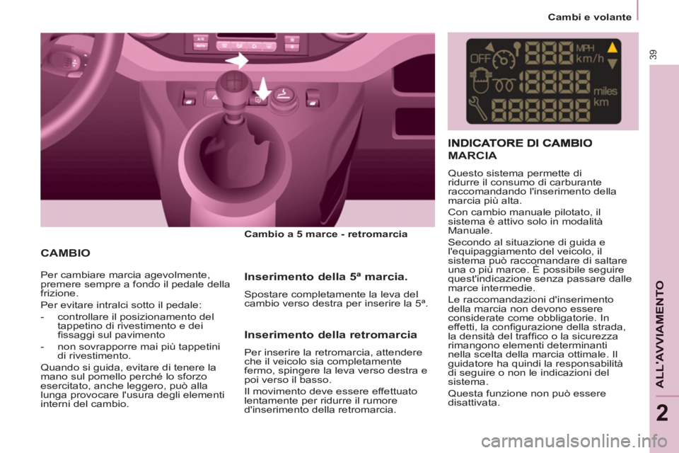 CITROEN BERLINGO ELECTRIC 2015 Libretti Di Uso E manutenzione (in Italian) 2
Cambi e volante
39
ALLAVVIAMENTO
CAMBIO
Cambio a 5 marce - retromarcia
Per cambiare marcia agevolmente,
premere sempre a fondo il pedale della
frizione.
Per evitare CITROEN BERLINGO ELECTRIC 2015 Libretti Di Uso E manutenzione (in Italian) 2
Cambi e volante
39
ALLAVVIAMENTO
CAMBIO
Cambio a 5 marce - retromarcia
Per cambiare marcia agevolmente,
premere sempre a fondo il pedale della
frizione.
Per evitare