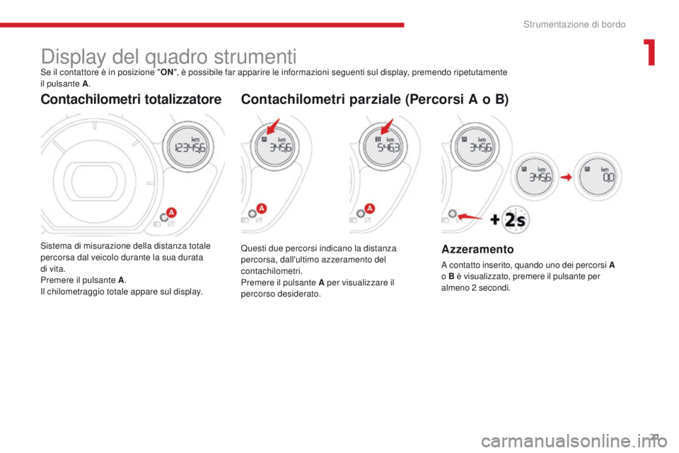 CITROEN C-ZERO 2017 Libretti Di Uso E manutenzione (in Italian) 21
C-Zero_it_Chap01_instruments-de-bord_ed01-2016
Display del quadro strumentiSe il contattore è in posizione "ON", è possibile far apparire le informazioni seguenti sul display, premendo ri CITROEN C-ZERO 2017 Libretti Di Uso E manutenzione (in Italian) 21
C-Zero_it_Chap01_instruments-de-bord_ed01-2016
Display del quadro strumentiSe il contattore è in posizione "ON", è possibile far apparire le informazioni seguenti sul display, premendo ri