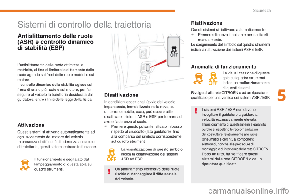 CITROEN C-ZERO 2017 Libretti Di Uso E manutenzione (in Italian) 65
C-Zero_it_Chap05_securite_ed01-2016
Antislittamento delle ruote
(ASR) e controllo dinamico
di stabilità (ESP)
Sistemi di controllo della traiettoria
Disattivazione
in condizioni eccezionali (avv CITROEN C-ZERO 2017 Libretti Di Uso E manutenzione (in Italian) 65
C-Zero_it_Chap05_securite_ed01-2016
Antislittamento delle ruote
(ASR) e controllo dinamico
di stabilità (ESP)
Sistemi di controllo della traiettoria
Disattivazione
in condizioni eccezionali (avv
