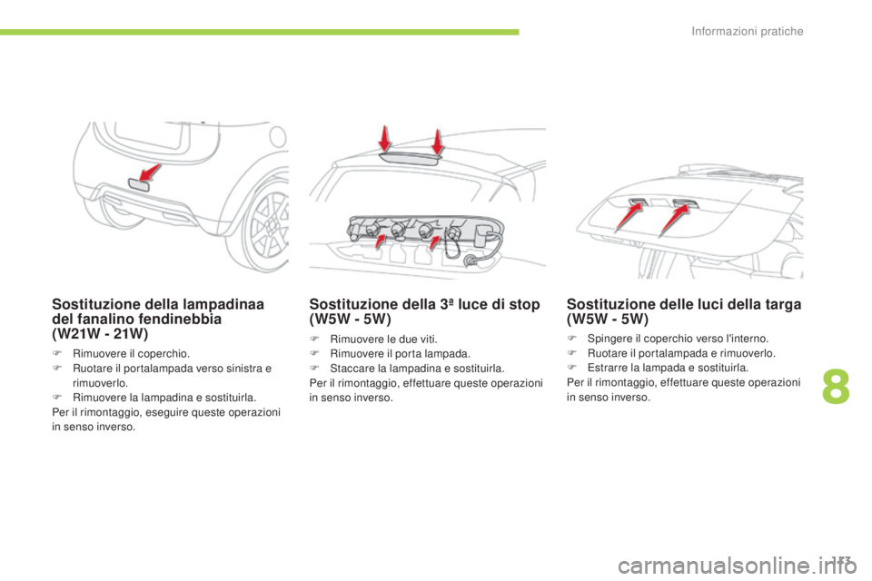 CITROEN C-ZERO 2016 Libretti Di Uso E manutenzione (in Italian) 113
C-zero_it_Chap08_info-pratiques_ed01-2014
Sostituzione della lampadinaa
del fanalino fendinebbia
( W21W - 21W )
F Rimuovere il coperchio.
F R uotare il portalampada verso sinistra e
rimuoverlo CITROEN C-ZERO 2016 Libretti Di Uso E manutenzione (in Italian) 113
C-zero_it_Chap08_info-pratiques_ed01-2014
Sostituzione della lampadinaa
del fanalino fendinebbia
( W21W - 21W )
F Rimuovere il coperchio.
F R uotare il portalampada verso sinistra e
rimuoverlo