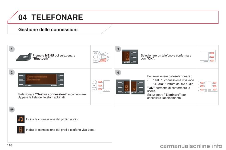 CITROEN C-ZERO 2016 Libretti Di Uso E manutenzione (in Italian)
04
148
C-zero_it_Chap11b_RdE2_ed01-2014
TELEFONARE
Premere MENU poi selezionare
"Bluetooth".
s
elezionare "Gestire connessioni" e confermare.
a
ppare la lista dei telefoni abbin CITROEN C-ZERO 2016 Libretti Di Uso E manutenzione (in Italian)
04
148
C-zero_it_Chap11b_RdE2_ed01-2014
TELEFONARE
Premere MENU poi selezionare
"Bluetooth".
s
elezionare "Gestire connessioni" e confermare.
a
ppare la lista dei telefoni abbin