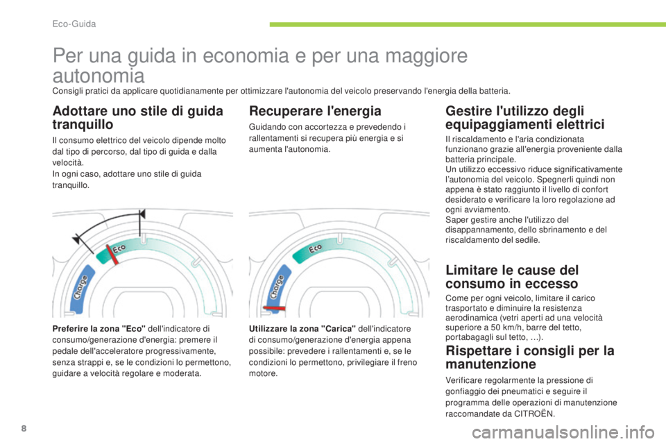 CITROEN C-ZERO 2016 Libretti Di Uso E manutenzione (in Italian) 8
C-zero_it_Chap00c_Eco-conduite_ed01-2014
Per una guida in economia e per una maggiore
autonomia
Consigli pratici da applicare quotidianamente per ottimizzare l'autonomia del veicolo preservand CITROEN C-ZERO 2016 Libretti Di Uso E manutenzione (in Italian) 8
C-zero_it_Chap00c_Eco-conduite_ed01-2014
Per una guida in economia e per una maggiore
autonomia
Consigli pratici da applicare quotidianamente per ottimizzare l'autonomia del veicolo preservand