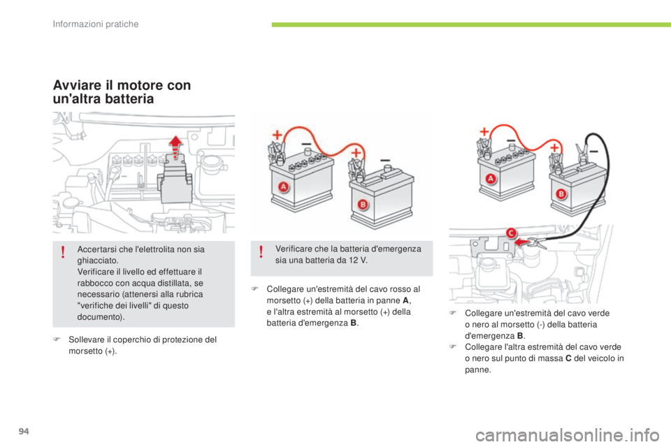 CITROEN C-ZERO 2016 Libretti Di Uso E manutenzione (in Italian) 94
C-zero_it_Chap08_info-pratiques_ed01-2014
F sollevare il coperchio di protezione del morsetto (+). F
C
ollegare un'estremità del cavo rosso al
morsetto (+) della batteria in panne A ,
e CITROEN C-ZERO 2016 Libretti Di Uso E manutenzione (in Italian) 94
C-zero_it_Chap08_info-pratiques_ed01-2014
F sollevare il coperchio di protezione del morsetto (+). F
C
ollegare un'estremità del cavo rosso al
morsetto (+) della batteria in panne A ,
e