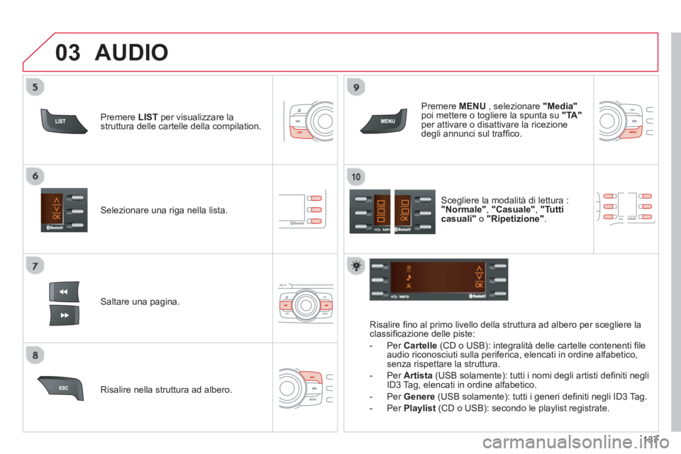 CITROEN C-ZERO 2014  Libretti Di Uso E manutenzione (in Italian) 03
137
Selezionare una riga nella lista.
Saltare una pa
gina.   
Pr
emere  MENU, selezionare  "Media"poi mettere o togliere la spunta su  "TA"per attivare o disattivare la ricezione
degli annunci sul 