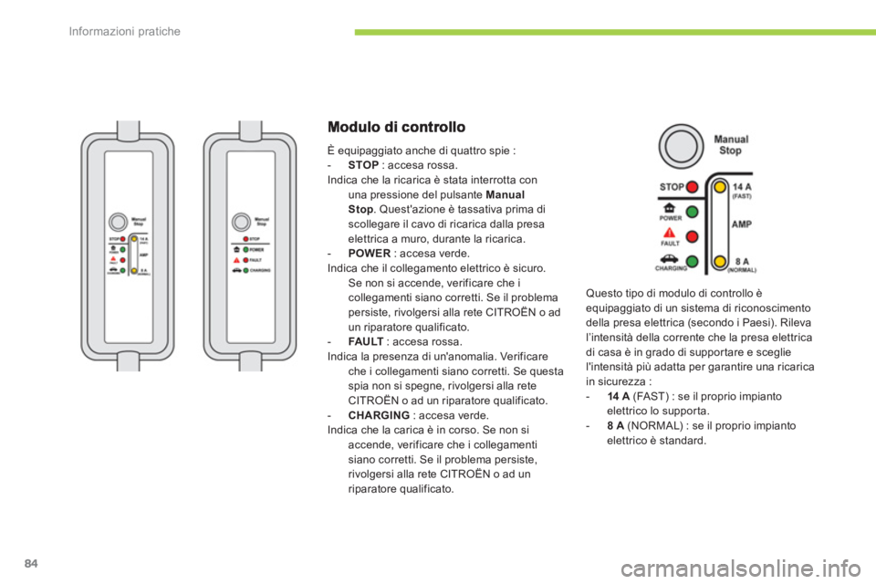 CITROEN C-ZERO 2014  Libretti Di Uso E manutenzione (in Italian) Informazioni pratiche
84
  È equipaggiato anche di quattro spie :-STOP: accesa rossa.
Indica che la ricarica è stata interrotta con una pressione del pulsante Manual
Sto
p  . Questazione è tassati