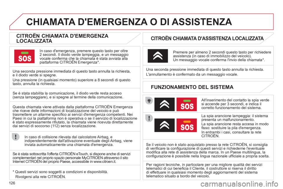 CITROEN C-ZERO 2012  Libretti Di Uso E manutenzione (in Italian) 126
   
 
 
 
 
 
 
 
 
 
 
 
 
 
CHIAMATA DEMERGENZA O DI ASSISTENZA  
 
 
 
 
 
 
 
 
CITROËN CHIAMATA DEMERGENZA 
LOCALIZZATA  
 
 
In caso demergenza, premere questo tasto per oltre 
2 secondi
