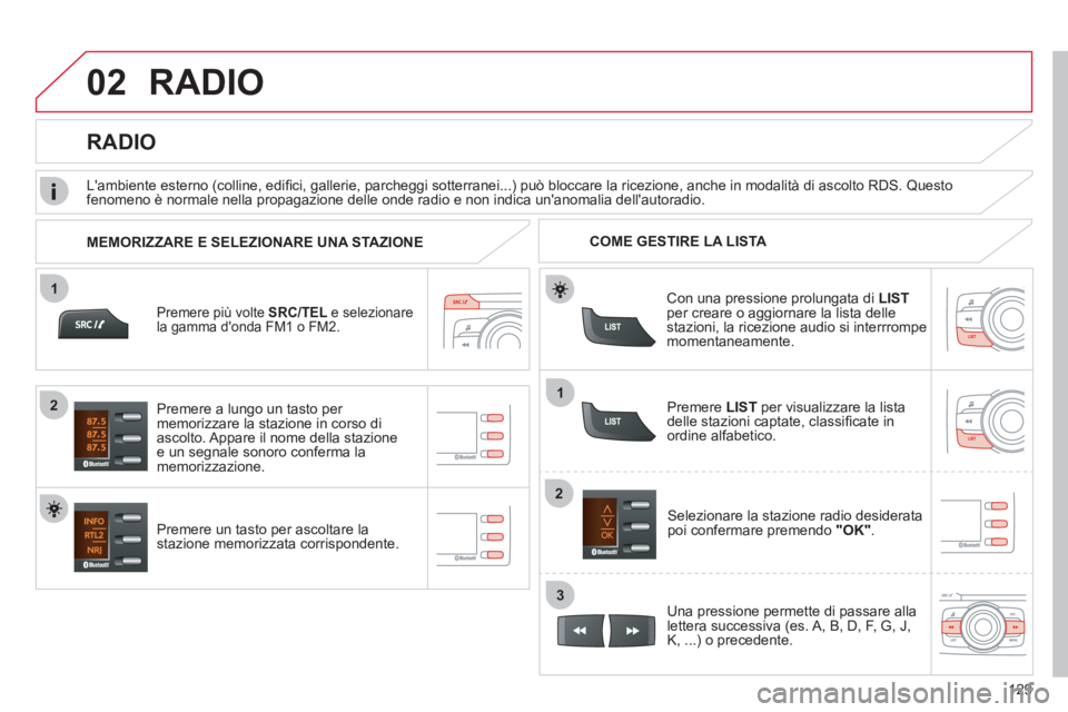 CITROEN C-ZERO 2012  Libretti Di Uso E manutenzione (in Italian) 02
1
12
2
3
129
  RADIO 
 
 
Premere più volte SRC/TEL e selezionare 
la gamma donda FM1 o FM2.  
 
 
Premere un tasto per ascoltare la 
stazione memorizzata corrispondente.     
Selezionare la staz