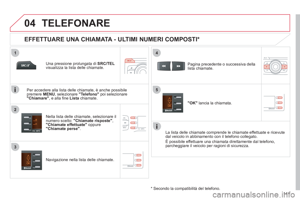 CITROEN C-ZERO 2012  Libretti Di Uso E manutenzione (in Italian)  
  
1
2
4
5
3
04
141
  TELEFONARE 
 
 
Una pressione prolungata di SRC/TEL 
visualizza la lista delle chiamate.  
   
Nella lista delle chiamate, selezionare il 
numero scelto:  "Chiamate risposte" 
