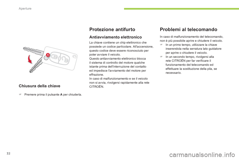 CITROEN C-ZERO 2012  Libretti Di Uso E manutenzione (in Italian) Aperture
32
   
Chiusura della chiave 
 
 
 
 
 
 
 
Protezione antifur to 
 
 
 
�) 
  Premere prima il pulsante  A  
per chiuderla.  
 
 
 
 
Antiavviamento elettronico 
 
La chiave contiene un chip