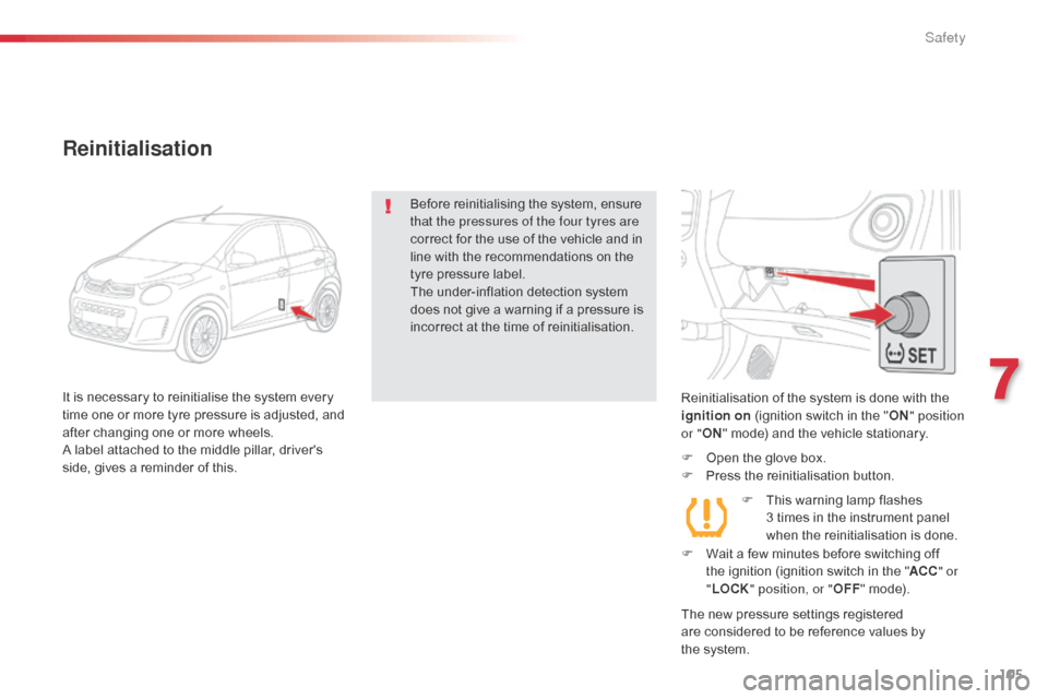 Citroen C1 2014 1.G Owners Manual 105
Reinitialisation of the system is done with the 
ignition on (ignition switch in the " ON" position 
or " ON" mode) and the vehicle stationary.
F
 
O
 pen the glove box.
F
 
P
 ress the reinitiali
