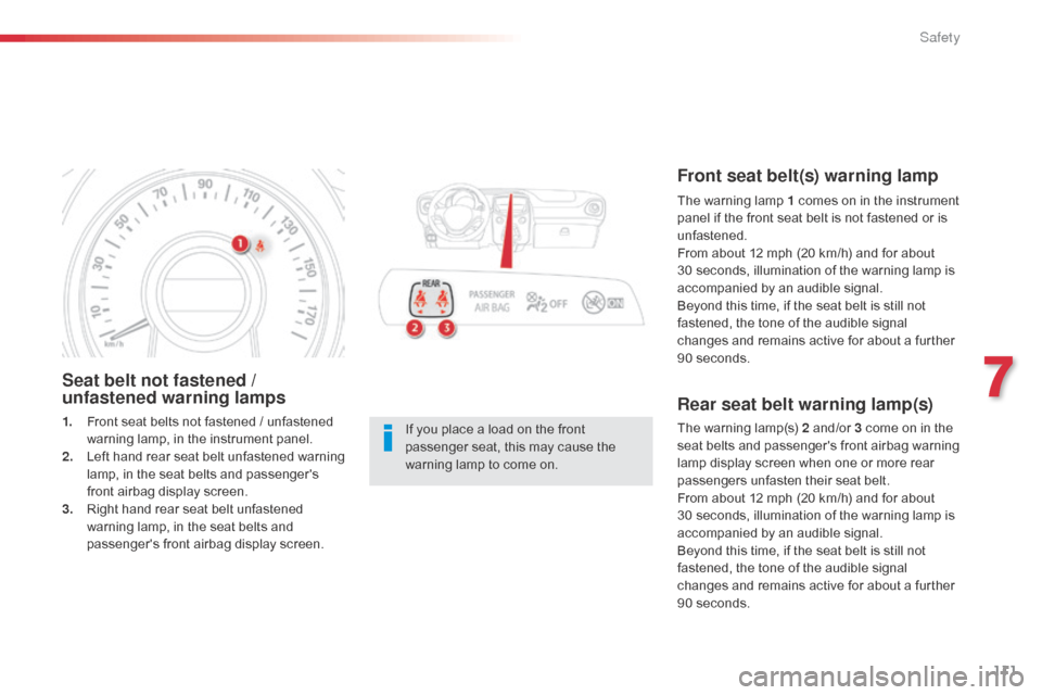 Citroen C1 2014 1.G Owners Manual 111
Seat belt not fastened / 
unfastened warning lamps
1. Front seat belts not fastened / unfastened warning lamp, in the instrument panel.
2.
 L

eft hand rear seat belt unfastened warning 
lamp, in 