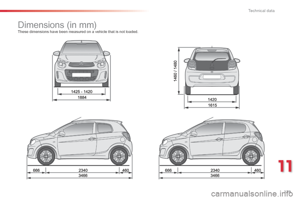 Citroen C1 2014 1.G Owners Manual 179
Dimensions (in mm)These dimensions have been measured on a vehicle that is not loaded.
11 
T  