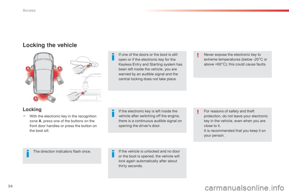 Citroen C1 2014 1.G Owners Manual 34
Locking the vehicle
Locking
F With the electronic key in the recognition zone A , press one of the buttons on the 
front door handles or press the button on 
the boot sill.
The direction indicators
