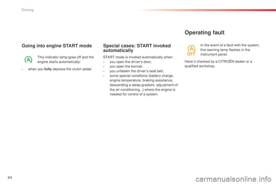 Citroen C1 2014 1.G Owners Manual 84
Going into engine START mode
This indicator lamp goes off and the 
engine starts automatically:
-
 
w

hen you fully  depress the clutch pedal. START mode is invoked automatically when:
-
 y ou ope