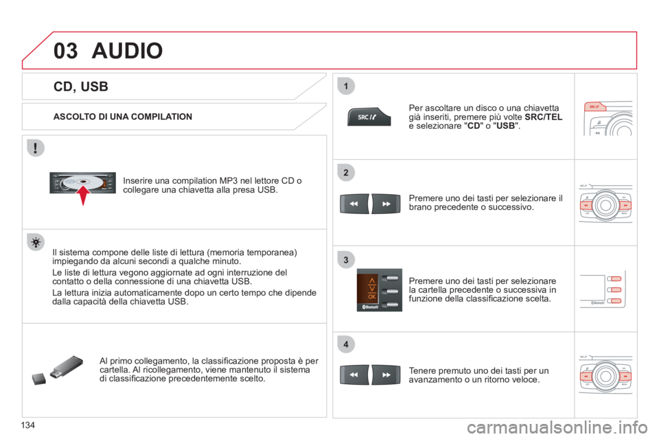 CITROEN C-ZERO 2011 Libretti Di Uso E manutenzione (in Italian) 03
1
3
2
4
134
CD, USB
AUDIO
ASCOLTO DI UNA COMPILATION
Inserire una compilation MP3 nel lettore CD o
collegare una chiavetta alla presa USB.
Il sistema compone de CITROEN C-ZERO 2011 Libretti Di Uso E manutenzione (in Italian) 03
1
3
2
4
134
CD, USB
AUDIO
ASCOLTO DI UNA COMPILATION
Inserire una compilation MP3 nel lettore CD o
collegare una chiavetta alla presa USB.
Il sistema compone de