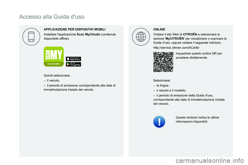 CITROEN C3 AIRCROSS 2021 Libretti Di Uso E manutenzione (in Italian)
Accesso alla Guida d'uso
APPLICAZIONE PER DISPOSITIVI MOBILI
Installare l'applicazione Scan MyCitro\353n (contenuto 0047004C0056005300520051004C0045004C004F00480003005210 CITROEN C3 AIRCROSS 2021 Libretti Di Uso E manutenzione (in Italian)
Accesso alla Guida d'uso
APPLICAZIONE PER DISPOSITIVI MOBILI
Installare l'applicazione Scan MyCitro\353n (contenuto 0047004C0056005300520051004C0045004C004F00480003005210