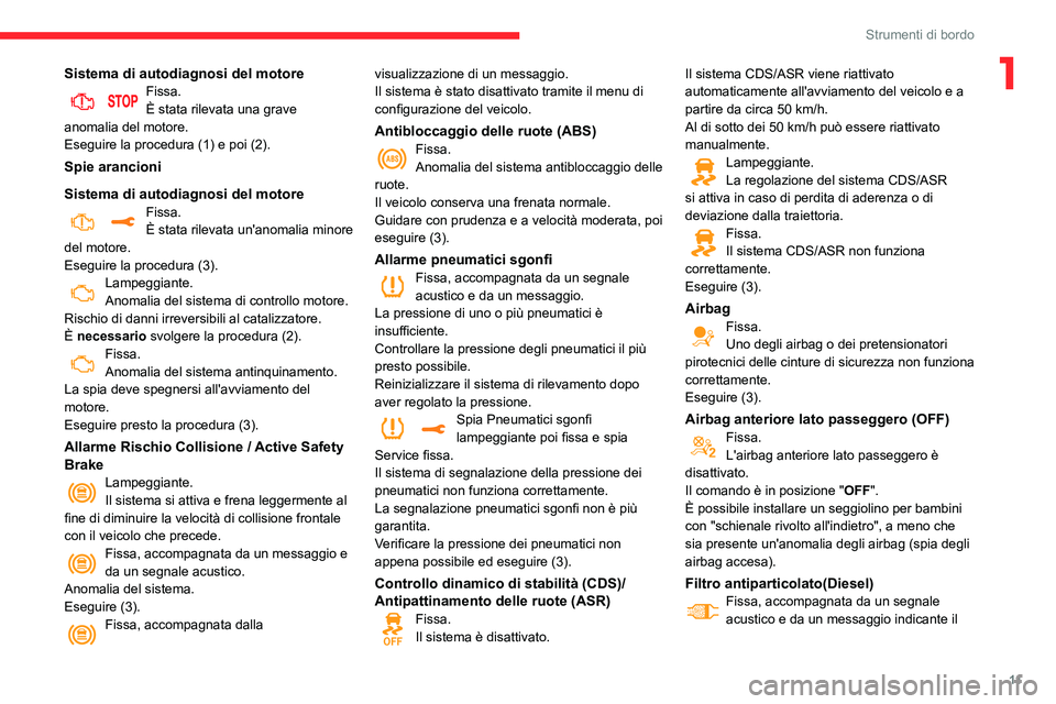 CITROEN C3 AIRCROSS 2021 Libretti Di Uso E manutenzione (in Italian) 11
Strumenti di bordo
1Sistema di autodiagnosi del motoreFissa.È stata rilevata una grave
anomalia del motore.
Eseguire la procedura (1) e poi (2).
Spie arancioni
Sistema di autodiagnosi del motore
CITROEN C3 AIRCROSS 2021 Libretti Di Uso E manutenzione (in Italian) 11
Strumenti di bordo
1Sistema di autodiagnosi del motoreFissa.È stata rilevata una grave
anomalia del motore.
Eseguire la procedura (1) e poi (2).
Spie arancioni
Sistema di autodiagnosi del motore