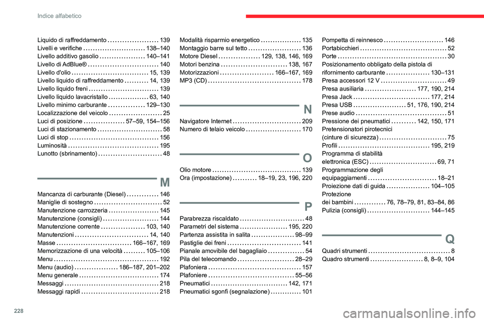 CITROEN C3 AIRCROSS 2021  Libretti Di Uso E manutenzione (in Italian) 228
Indice alfabetico
Liquido di raffreddamento   139Livelli e verifiche   138–140Livello additivo gasolio   140–141Livello  di AdBlue®   140Livello d'olio   15, 139Livello liquido di raffred