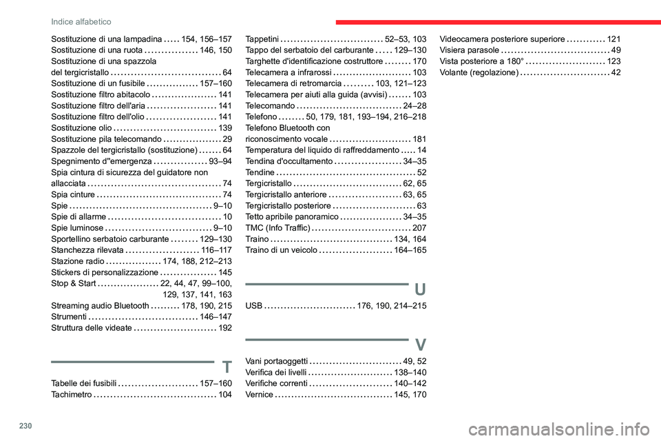 CITROEN C3 AIRCROSS 2021  Libretti Di Uso E manutenzione (in Italian) 230
Indice alfabetico
Sostituzione di una lampadina   154, 156–157Sostituzione di una ruota   146, 150Sostituzione di una spazzola  del tergicristallo   64Sostituzione di un fusibile   157–160Sost