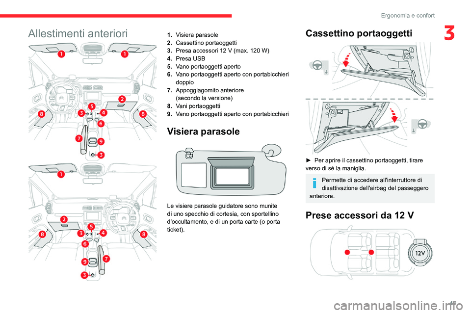 CITROEN C3 AIRCROSS 2021 Libretti Di Uso E manutenzione (in Italian) 49
Ergonomia e confort
3Allestimenti anteriori1.Visiera parasole
2. Cassettino portaoggetti
3.
Presa accessori 12 V (max. 120 W)
4. Presa USB
5. Vano portaoggetti aperto
6. Vano portaoggetti aperto co CITROEN C3 AIRCROSS 2021 Libretti Di Uso E manutenzione (in Italian) 49
Ergonomia e confort
3Allestimenti anteriori1.Visiera parasole
2. Cassettino portaoggetti
3.
Presa accessori 12 V (max. 120 W)
4. Presa USB
5. Vano portaoggetti aperto
6. Vano portaoggetti aperto co