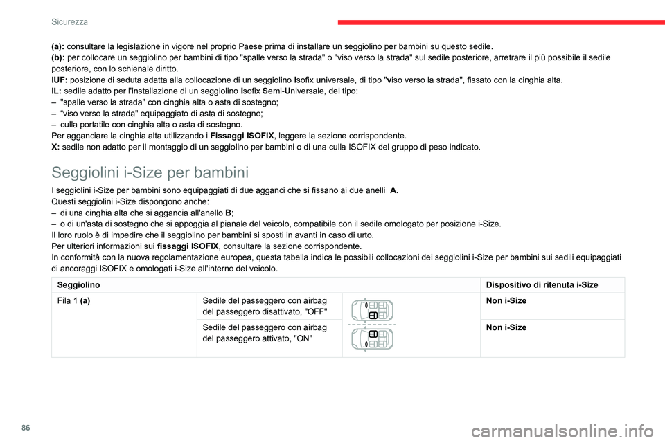 CITROEN C3 AIRCROSS 2021 Libretti Di Uso E manutenzione (in Italian) 86
Sicurezza
(a): consultare la legislazione in vigore nel proprio Paese prima di installare un seggiolino per bambini su questo sedile.
(b): per collocare un seggiolino per bambini di tipo "spall CITROEN C3 AIRCROSS 2021 Libretti Di Uso E manutenzione (in Italian) 86
Sicurezza
(a): consultare la legislazione in vigore nel proprio Paese prima di installare un seggiolino per bambini su questo sedile.
(b): per collocare un seggiolino per bambini di tipo "spall