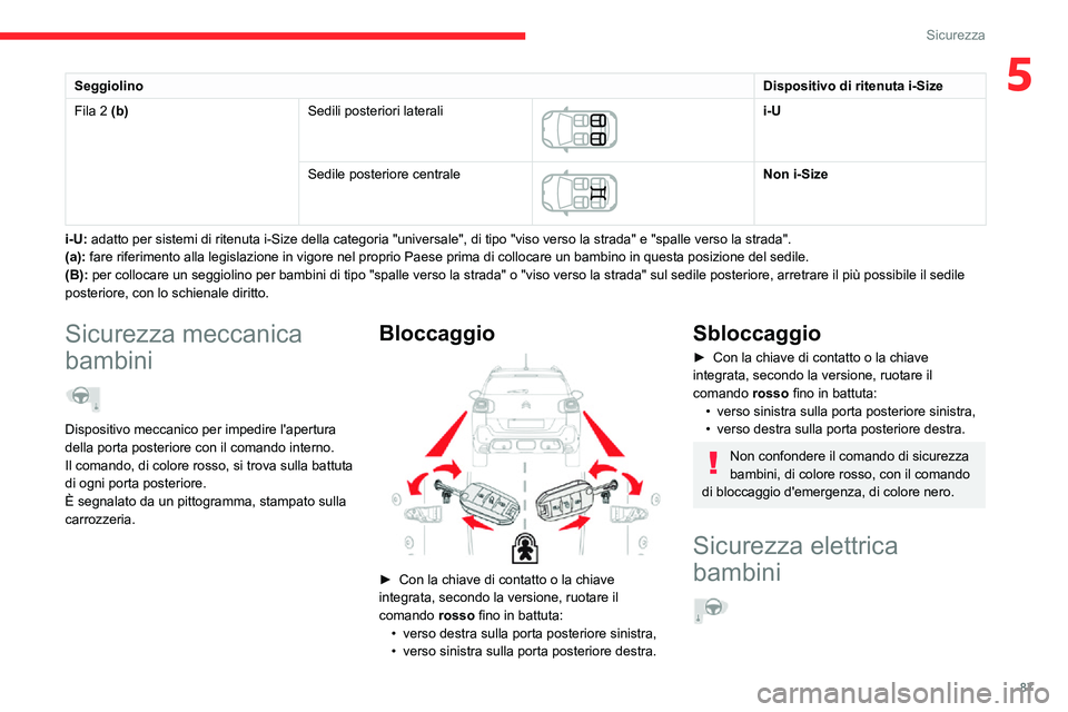 CITROEN C3 AIRCROSS 2021  Libretti Di Uso E manutenzione (in Italian) 87
Sicurezza
5SeggiolinoDispositivo di ritenuta i-Size
Fila 2 (b) Sedili posteriori laterali 
 
i-U
Sedile posteriore centrale
 
 
Non i-Size
i-U: adatto per sistemi di ritenuta i-Size della categoria