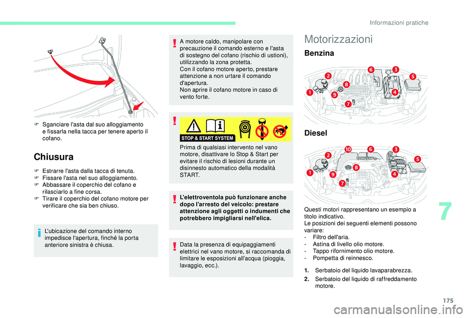 CITROEN C3 AIRCROSS 2019 Libretti Di Uso E manutenzione (in Italian) 175
F Sganciare l'asta dal suo alloggiamento e fissarla nella tacca per tenere aperto il
cofano.
Chiusura
F Estrarre l'asta dalla tacca di tenuta.
F F issare l'asta nel suo alloggiamento. CITROEN C3 AIRCROSS 2019 Libretti Di Uso E manutenzione (in Italian) 175
F Sganciare l'asta dal suo alloggiamento e fissarla nella tacca per tenere aperto il
cofano.
Chiusura
F Estrarre l'asta dalla tacca di tenuta.
F F issare l'asta nel suo alloggiamento.