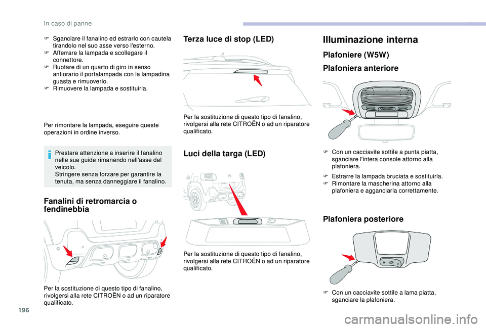 CITROEN C3 AIRCROSS 2019 Libretti Di Uso E manutenzione (in Italian) 196
F Sganciare il fanalino ed estrarlo con cautela tirandolo nel suo asse verso l'esterno.
F
A
fferrare la lampada e scollegare il
connettore.
F
R
uotare di un quarto di giro in senso
ant CITROEN C3 AIRCROSS 2019 Libretti Di Uso E manutenzione (in Italian) 196
F Sganciare il fanalino ed estrarlo con cautela tirandolo nel suo asse verso l'esterno.
F
A
fferrare la lampada e scollegare il
connettore.
F
R
uotare di un quarto di giro in senso
ant