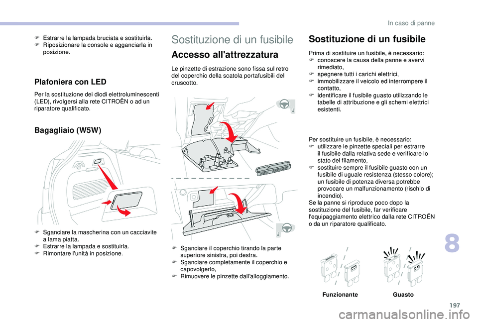 CITROEN C3 AIRCROSS 2019 Libretti Di Uso E manutenzione (in Italian) 197
Sostituzione di un fusibile
Accesso all'attrezzatura
Le pinzette di estrazione sono fissa sul retro
del coperchio della scatola portafusibili del
cruscotto.
F
S
ganciare il coperchio tiran CITROEN C3 AIRCROSS 2019 Libretti Di Uso E manutenzione (in Italian) 197
Sostituzione di un fusibile
Accesso all'attrezzatura
Le pinzette di estrazione sono fissa sul retro
del coperchio della scatola portafusibili del
cruscotto.
F
S
ganciare il coperchio tiran