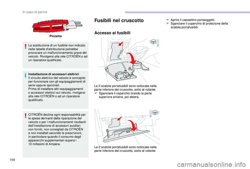 CITROEN C3 AIRCROSS 2019 Libretti Di Uso E manutenzione (in Italian) 198
Pinzetta
La sostituzione di un fusibile non indicato
nelle tabelle d'attribuzione potrebbe
provocare un malfunzionamento grave del
veicolo. Rivolgersi alla rete CITROËN o ad
un riparatore CITROEN C3 AIRCROSS 2019 Libretti Di Uso E manutenzione (in Italian) 198
Pinzetta
La sostituzione di un fusibile non indicato
nelle tabelle d'attribuzione potrebbe
provocare un malfunzionamento grave del
veicolo. Rivolgersi alla rete CITROËN o ad
un riparatore
