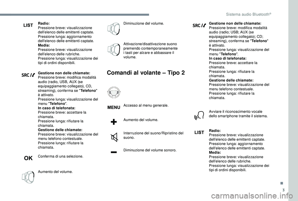 CITROEN C3 AIRCROSS 2019 Libretti Di Uso E manutenzione (in Italian) 3
Radio:
Pressione breve: visualizzazione
dell’elenco delle emittenti captate.
Pressione lunga: aggiornamento
dell'elenco delle emittenti captate.
Media:
Pressione breve: visualizzazione
dell CITROEN C3 AIRCROSS 2019 Libretti Di Uso E manutenzione (in Italian) 3
Radio:
Pressione breve: visualizzazione
dell’elenco delle emittenti captate.
Pressione lunga: aggiornamento
dell'elenco delle emittenti captate.
Media:
Pressione breve: visualizzazione
dell