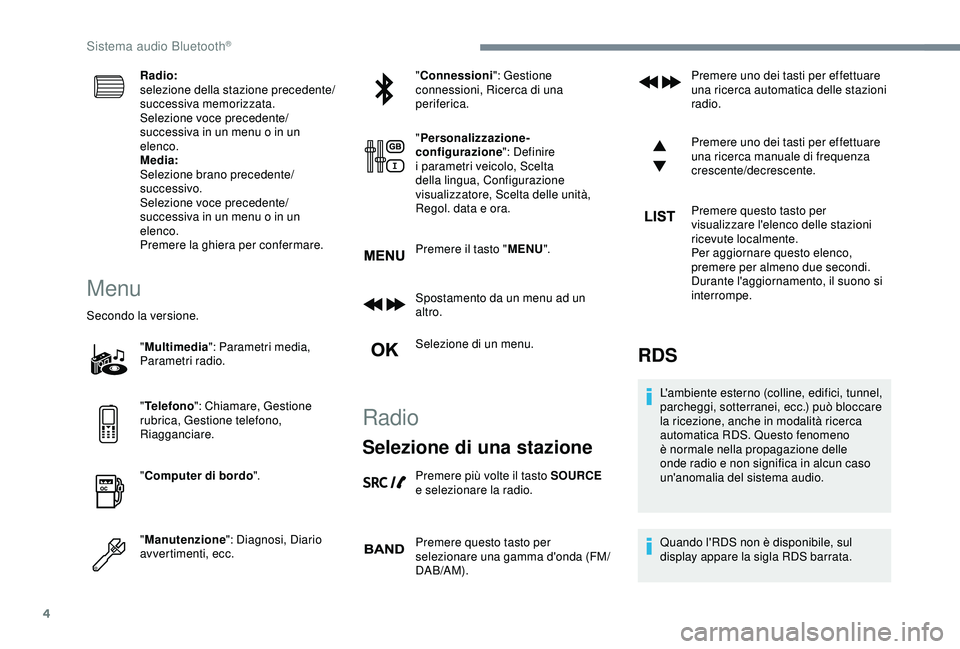 CITROEN C3 AIRCROSS 2019 Libretti Di Uso E manutenzione (in Italian) 4
Radio:
selezione della stazione precedente/
successiva memorizzata.
Selezione voce precedente/
successiva in un menu o in un
elenco.
Media:
Selezione brano precedente/
successivo.
Selezione voce pr CITROEN C3 AIRCROSS 2019 Libretti Di Uso E manutenzione (in Italian) 4
Radio:
selezione della stazione precedente/
successiva memorizzata.
Selezione voce precedente/
successiva in un menu o in un
elenco.
Media:
Selezione brano precedente/
successivo.
Selezione voce pr
