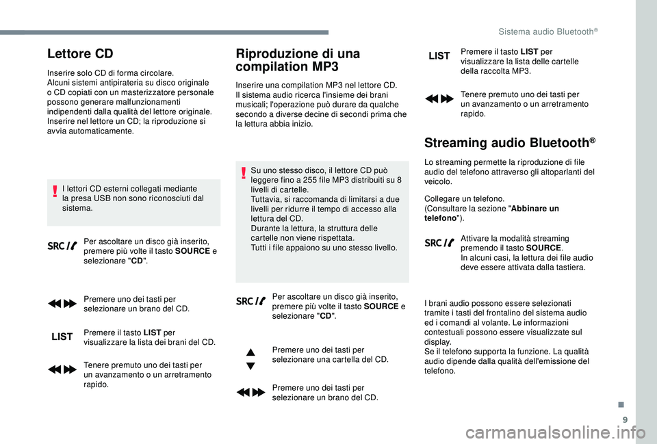 CITROEN C3 AIRCROSS 2019 Libretti Di Uso E manutenzione (in Italian) 9
Lettore CD
Inserire solo CD di forma circolare.
Alcuni sistemi antipirateria su disco originale
o CD copiati con un masterizzatore personale
possono generare malfunzionamenti
indipendenti dalla q CITROEN C3 AIRCROSS 2019 Libretti Di Uso E manutenzione (in Italian) 9
Lettore CD
Inserire solo CD di forma circolare.
Alcuni sistemi antipirateria su disco originale
o CD copiati con un masterizzatore personale
possono generare malfunzionamenti
indipendenti dalla q