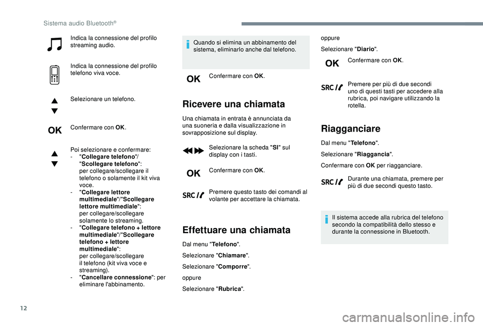 CITROEN C3 AIRCROSS 2019 Libretti Di Uso E manutenzione (in Italian) 12
Indica la connessione del profilo
streaming audio.
Indica la connessione del profilo
telefono viva voce.
Selezionare un telefono.
Confermare con OK.
Poi selezionare e confermare:
- "Collegar CITROEN C3 AIRCROSS 2019 Libretti Di Uso E manutenzione (in Italian) 12
Indica la connessione del profilo
streaming audio.
Indica la connessione del profilo
telefono viva voce.
Selezionare un telefono.
Confermare con OK.
Poi selezionare e confermare:
- "Collegar