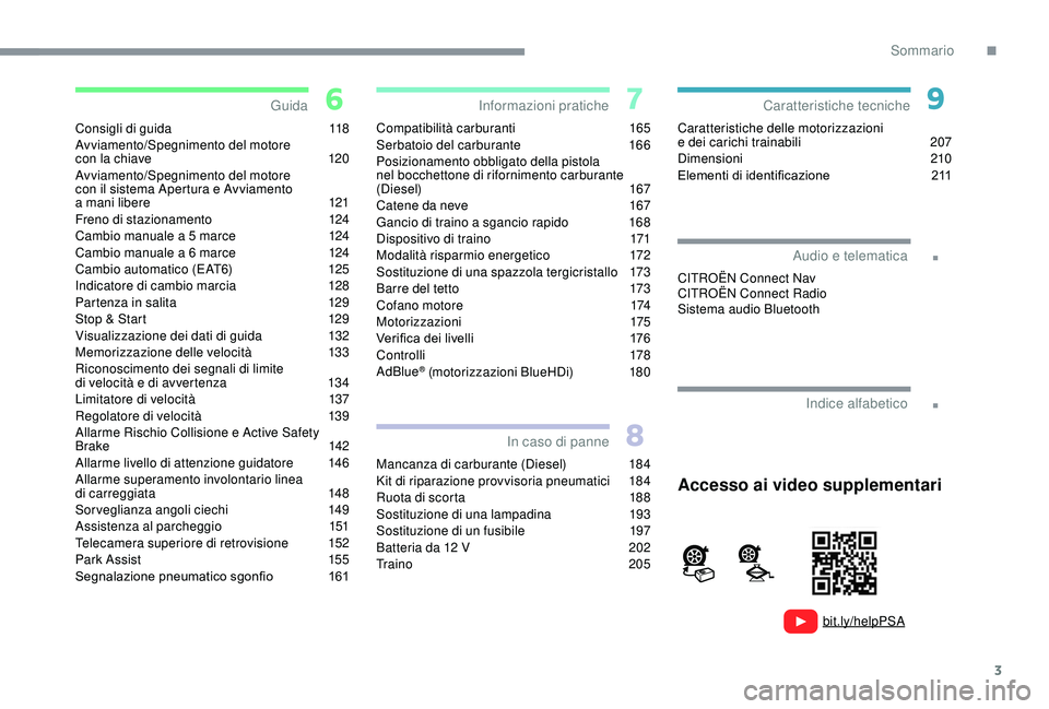 CITROEN C3 AIRCROSS 2019  Libretti Di Uso E manutenzione (in Italian) 3
.
.
bit.ly/helpPSA
Consigli di guida 118
Avviamento/Spegnimento del motore  
con la chiave
 
1
 20
Avviamento/Spegnimento del motore  
con il sistema Apertura e Avviamento  
a mani libere
 
1
 21
Fr