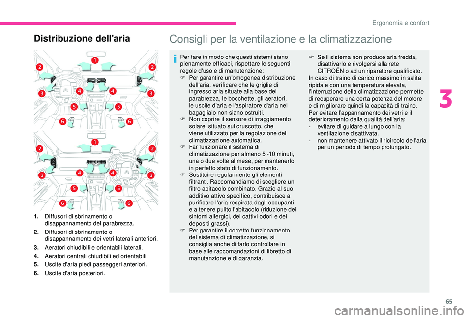 CITROEN C3 AIRCROSS 2019 Libretti Di Uso E manutenzione (in Italian) 65
Distribuzione dell'ariaConsigli per la ventilazione e la climatizzazione
Per fare in modo che questi sistemi siano
pienamente efficaci, rispettare le seguenti
regole d'uso e di manutenzio CITROEN C3 AIRCROSS 2019 Libretti Di Uso E manutenzione (in Italian) 65
Distribuzione dell'ariaConsigli per la ventilazione e la climatizzazione
Per fare in modo che questi sistemi siano
pienamente efficaci, rispettare le seguenti
regole d'uso e di manutenzio