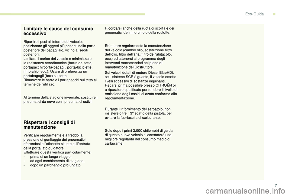 CITROEN C3 AIRCROSS 2019  Libretti Di Uso E manutenzione (in Italian) 7
Limitare le cause del consumo 
eccessivo
Ripartire i pesi all'interno del veicolo; 
posizionare gli oggetti più pesanti nella parte 
posteriore del bagagliaio, vicino ai sedili 
posteriori.
Lim