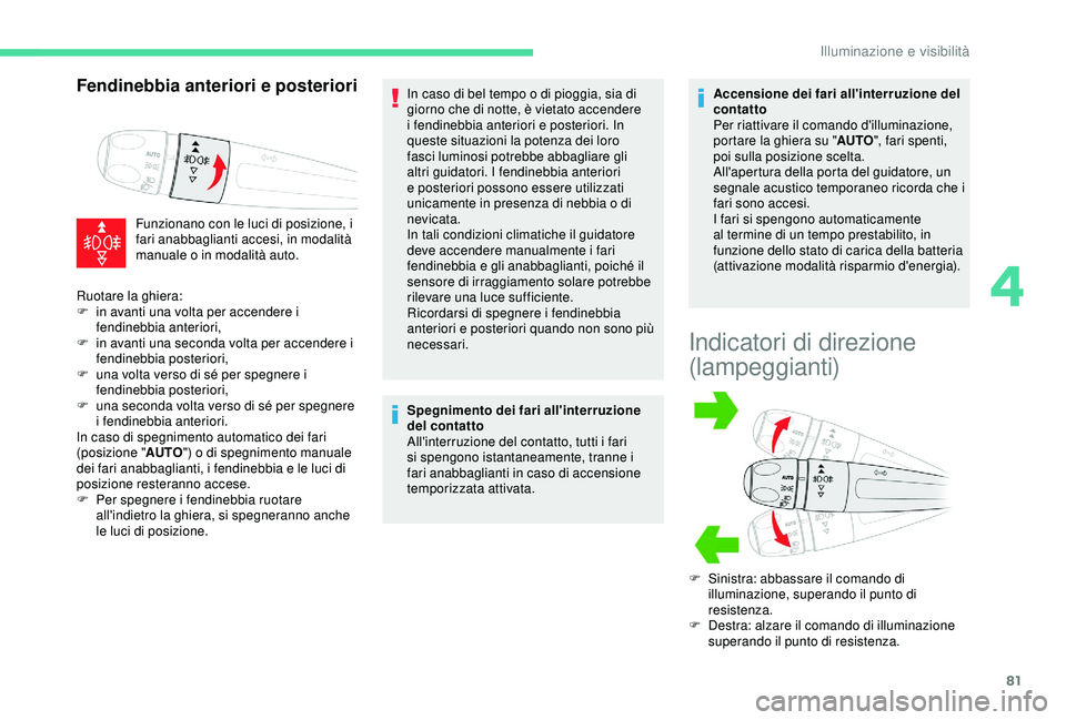 CITROEN C3 AIRCROSS 2019 Libretti Di Uso E manutenzione (in Italian) 81
Fendinebbia anteriori e posteriori
Funzionano con le luci di posizione, i
fari anabbaglianti accesi, in modalità
manuale o in modalità auto.In caso di bel tempo o di pioggia, sia di
giorno che CITROEN C3 AIRCROSS 2019 Libretti Di Uso E manutenzione (in Italian) 81
Fendinebbia anteriori e posteriori
Funzionano con le luci di posizione, i
fari anabbaglianti accesi, in modalità
manuale o in modalità auto.In caso di bel tempo o di pioggia, sia di
giorno che