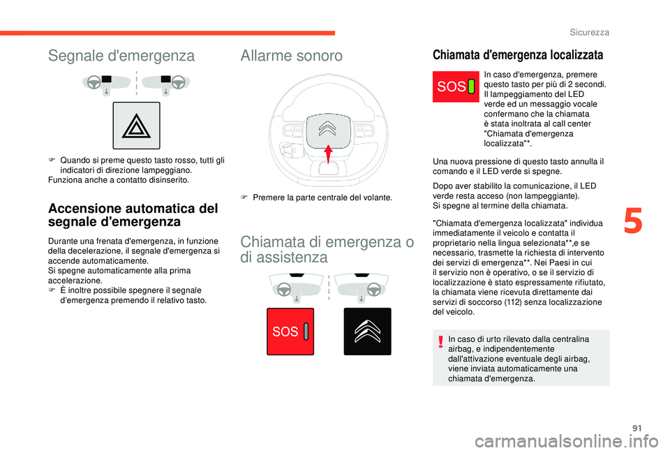 CITROEN C3 AIRCROSS 2019 Libretti Di Uso E manutenzione (in Italian) 91
Segnale d'emergenza
F Quando si preme questo tasto rosso, tutti gli indicatori di direzione lampeggiano.
Funziona anche a contatto disinserito.
Accensione automatica del
segnale d'emergenz CITROEN C3 AIRCROSS 2019 Libretti Di Uso E manutenzione (in Italian) 91
Segnale d'emergenza
F Quando si preme questo tasto rosso, tutti gli indicatori di direzione lampeggiano.
Funziona anche a contatto disinserito.
Accensione automatica del
segnale d'emergenz