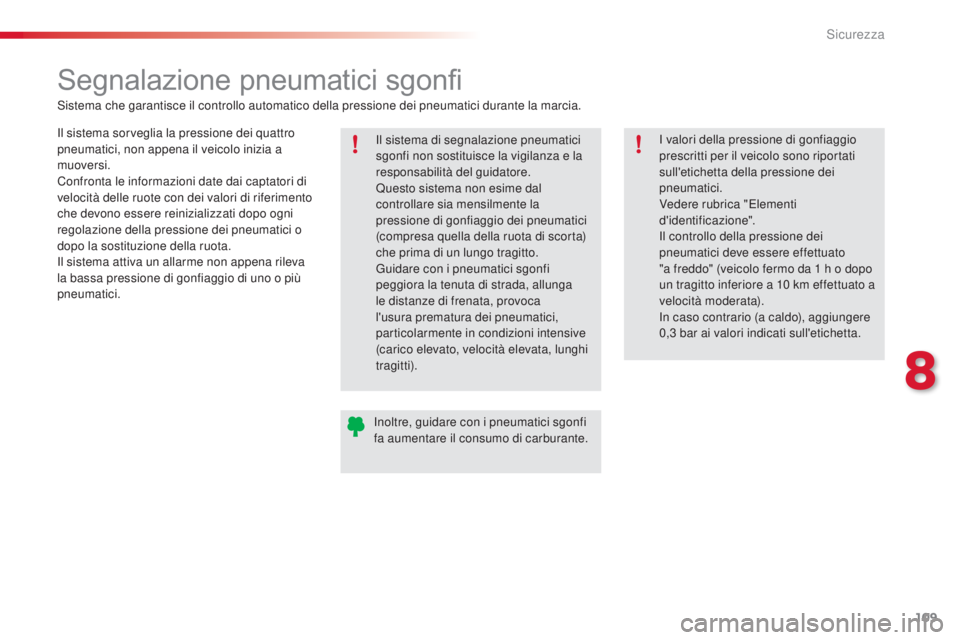 CITROEN C3 PICASSO 2015 Libretti Di Uso E manutenzione (in Italian) 109
C3Picasso_it_Chap08_securite_ed01-2014
Segnalazione pneumatici sgonfi
sistema che garantisce il controllo automatico della pressione dei pneumatici durante la marcia.
il s
istema sorveglia la pres CITROEN C3 PICASSO 2015 Libretti Di Uso E manutenzione (in Italian) 109
C3Picasso_it_Chap08_securite_ed01-2014
Segnalazione pneumatici sgonfi
sistema che garantisce il controllo automatico della pressione dei pneumatici durante la marcia.
il s
istema sorveglia la pres