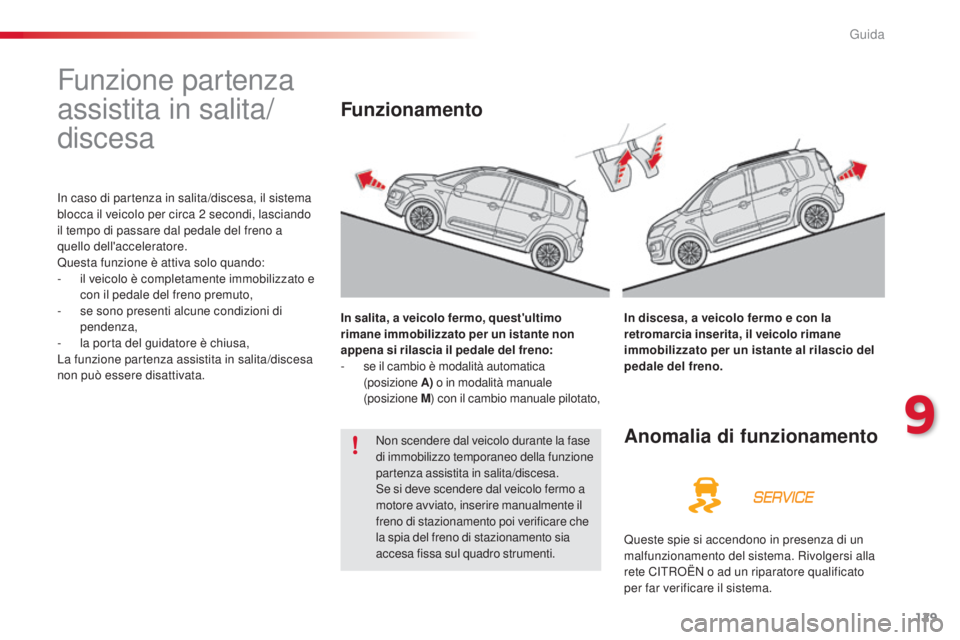 CITROEN C3 PICASSO 2015  Libretti Di Uso E manutenzione (in Italian) 129
C3Picasso_it_Chap09_conduite_ed01-2014
Funzione partenza 
assistita in salita/
discesa
in caso di partenza in salita/discesa, il sistema 
blocca il veicolo per circa 2  secondi, lasciando 
il temp CITROEN C3 PICASSO 2015  Libretti Di Uso E manutenzione (in Italian) 129
C3Picasso_it_Chap09_conduite_ed01-2014
Funzione partenza 
assistita in salita/
discesa
in caso di partenza in salita/discesa, il sistema 
blocca il veicolo per circa 2  secondi, lasciando 
il temp