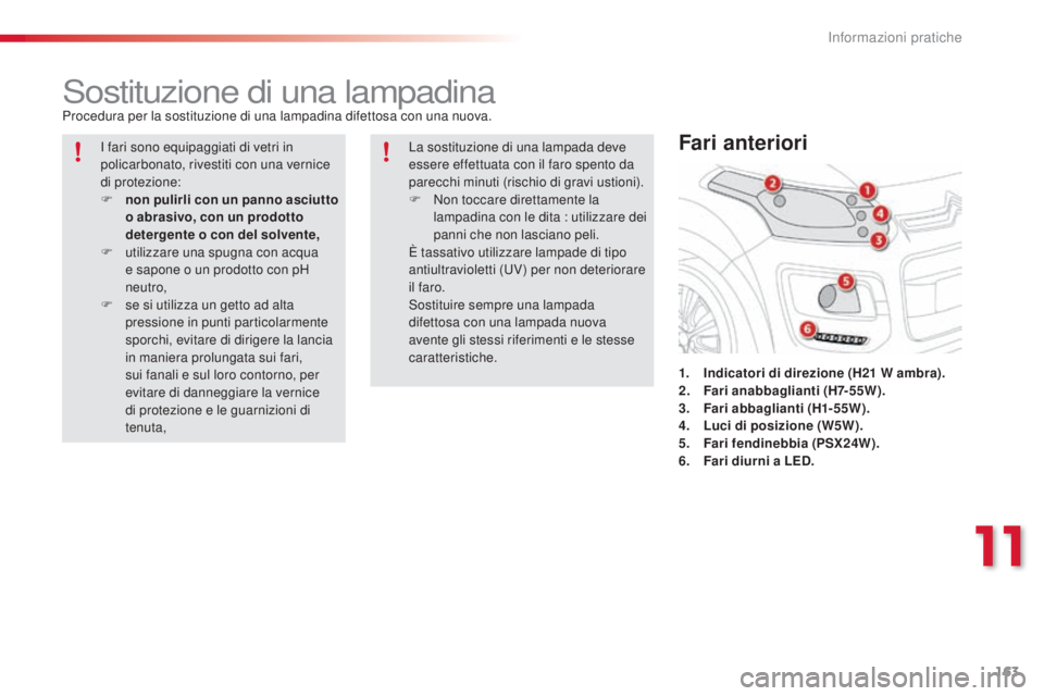 CITROEN C3 PICASSO 2015  Libretti Di Uso E manutenzione (in Italian) 163
C3Picasso_it_Chap11_informations-pratiques_ed01-2014
sostituzione di una lampadinaProcedura per la sostituzione di una lampadina difettosa con una nuova.1.
 I
 ndicatori di direzione (H21
 
 W amb CITROEN C3 PICASSO 2015  Libretti Di Uso E manutenzione (in Italian) 163
C3Picasso_it_Chap11_informations-pratiques_ed01-2014
sostituzione di una lampadinaProcedura per la sostituzione di una lampadina difettosa con una nuova.1.
 I
 ndicatori di direzione (H21
 
 W amb