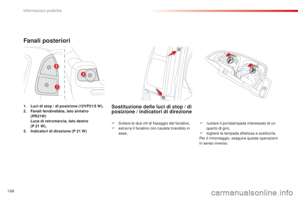 CITROEN C3 PICASSO 2015  Libretti Di Uso E manutenzione (in Italian) 168
C3Picasso_it_Chap11_informations-pratiques_ed01-2014
Fanali posteriori
1. Luci di stop / di posizione (12VP21/5  W).
2. F anali fendinebbia, lato sinistro 
(PR 21W )  
 
 
L
 uce di retromarcia, l CITROEN C3 PICASSO 2015  Libretti Di Uso E manutenzione (in Italian) 168
C3Picasso_it_Chap11_informations-pratiques_ed01-2014
Fanali posteriori
1. Luci di stop / di posizione (12VP21/5  W).
2. F anali fendinebbia, lato sinistro 
(PR 21W )  
 
 
L
 uce di retromarcia, l