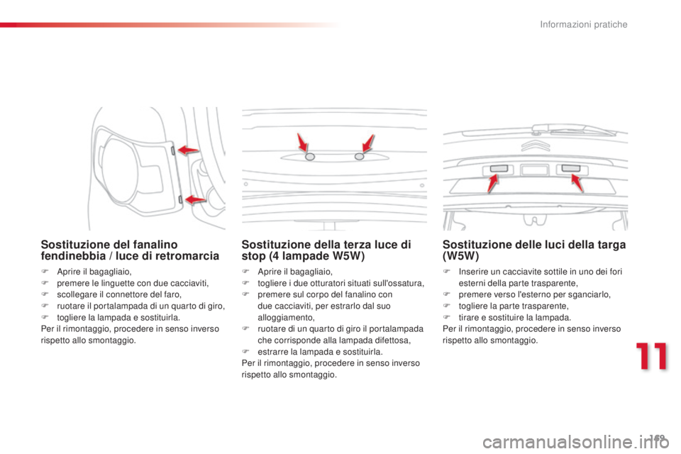 CITROEN C3 PICASSO 2015 Libretti Di Uso E manutenzione (in Italian) 169
C3Picasso_it_Chap11_informations-pratiques_ed01-2014
Sostituzione del fanalino
fendinebbia / luce di retromarcia
F aprire il bagagliaio,
F p remere le linguette con due cacciaviti,
F
sc
olleg CITROEN C3 PICASSO 2015 Libretti Di Uso E manutenzione (in Italian) 169
C3Picasso_it_Chap11_informations-pratiques_ed01-2014
Sostituzione del fanalino
fendinebbia / luce di retromarcia
F aprire il bagagliaio,
F p remere le linguette con due cacciaviti,
F
sc
olleg