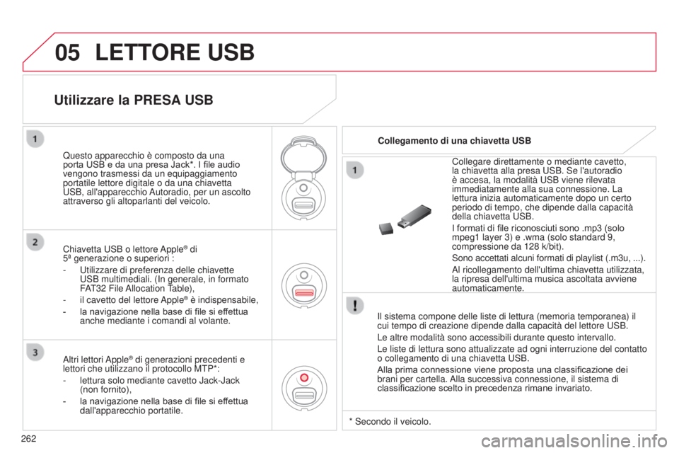 CITROEN C3 PICASSO 2015 Libretti Di Uso E manutenzione (in Italian) 05
262
C3Picasso_it_Chap13c_Rd45_ed01_2014
LETTORE USB
il sistema compone delle liste di lettura (memoria temporanea) il
cui tempo di creazione dipende dalla capacità del lettore us B.
Le altre mod CITROEN C3 PICASSO 2015 Libretti Di Uso E manutenzione (in Italian) 05
262
C3Picasso_it_Chap13c_Rd45_ed01_2014
LETTORE USB
il sistema compone delle liste di lettura (memoria temporanea) il
cui tempo di creazione dipende dalla capacità del lettore us B.
Le altre mod