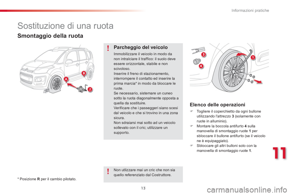 CITROEN C3 PICASSO 2015  Libretti Di Uso E manutenzione (in Italian) 11
Informazioni pratiche
13
   
 
 
 
Sostituzione di una ruota 
 
 
*  
 Posizione  R 
 per il cambio pilotato.  
 
 
 
 
 
 
 
 
Smontaggio della ruota 
 
 
Parcheggio del veicolo 
 
Immobilizzare i