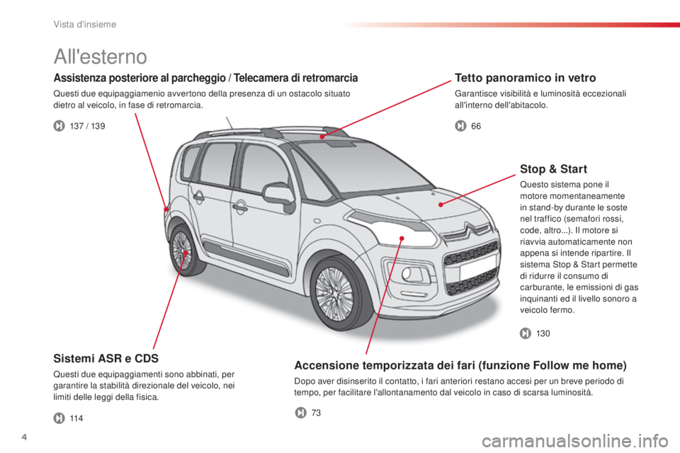 CITROEN C3 PICASSO 2015  Libretti Di Uso E manutenzione (in Italian) 4
C3Picasso_it_Chap00b_vue-ensemble_ed01-2014
Accensione temporizzata dei fari (funzione Follow me home)
dopo aver disinserito il contatto, i fari anteriori restano accesi per un breve periodo di 
tem